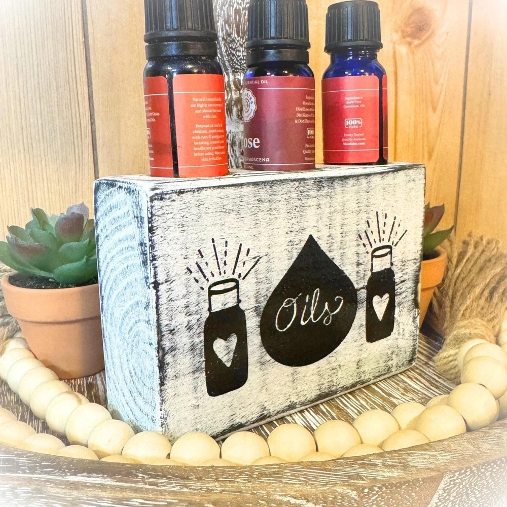 Basket‎ Case Designs Rustic Wood Essential Oil Holder 3 Bottle Organizer White